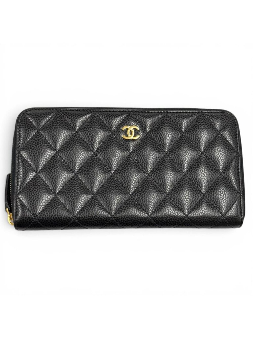 Chanel Quilted Caviar Leather Timeless Classic Long Zip Wallet Black Gold